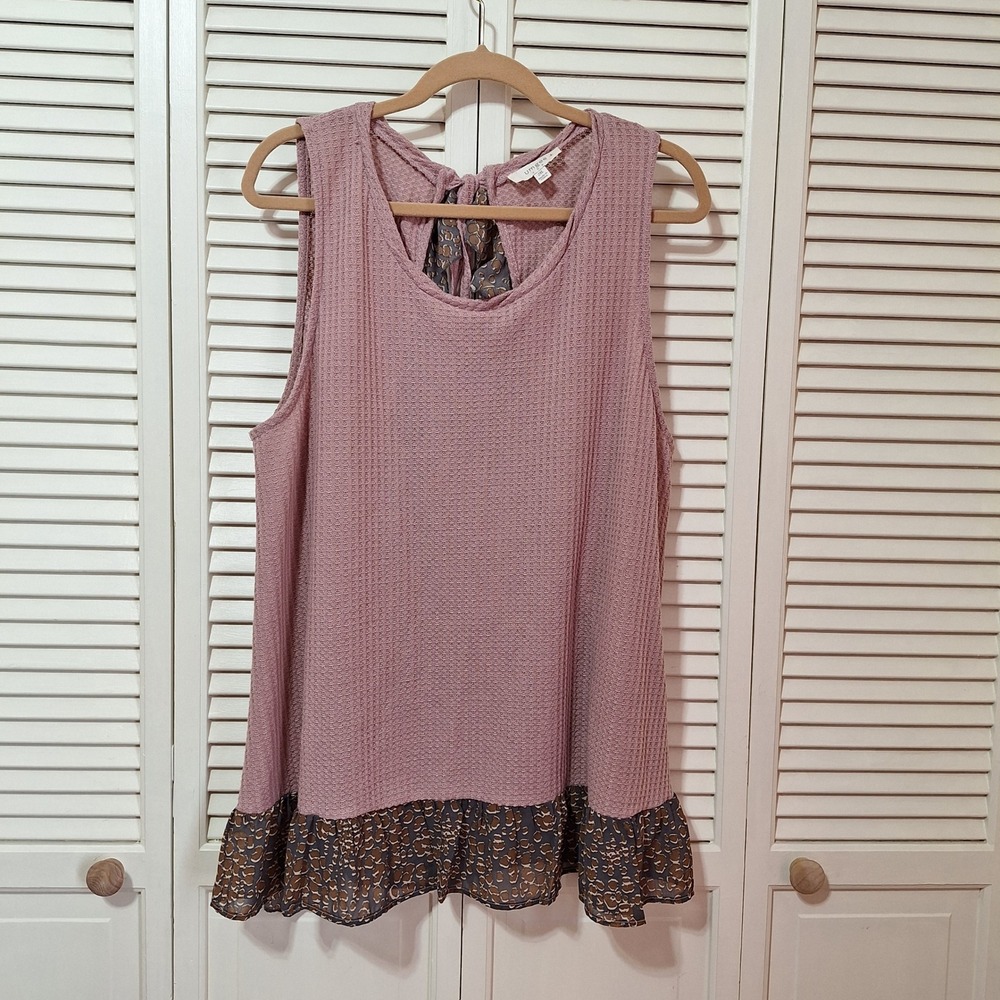 Umgee Pink Waffle Knit Tunic Tank Top Floral Leopard Mixed Media Back k 2XL